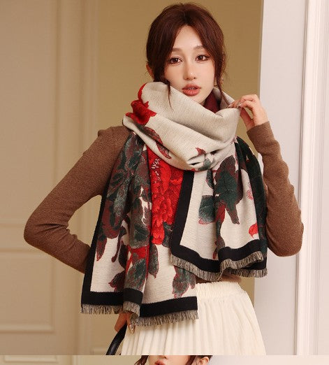 Retro Floral Artificial Cashmere Scarf Women's Thick Warm Scarf